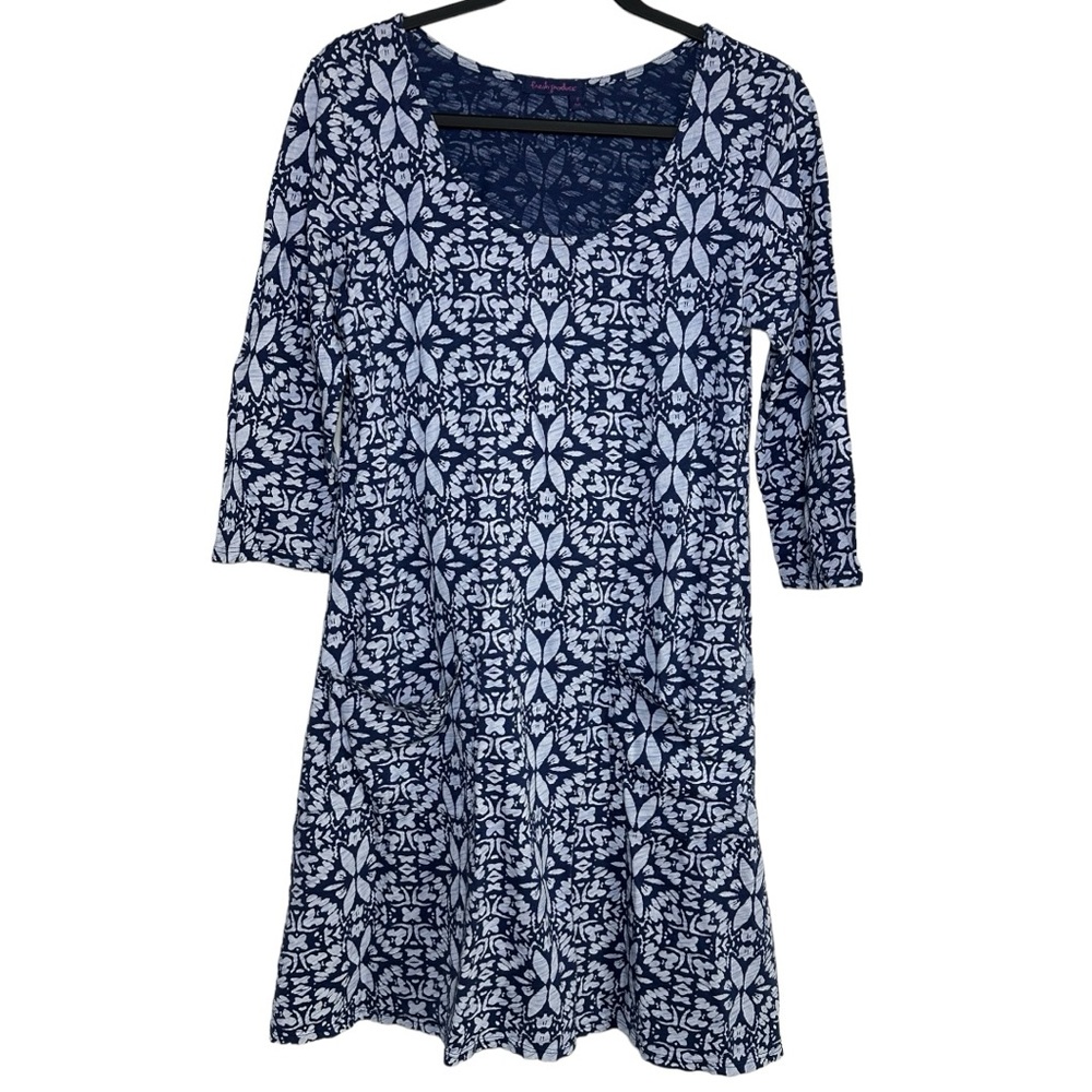 Fresh Produce Floral Blue Elbow Sleeve Knee Length Dress Size Small Cotton USA